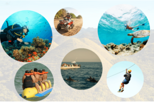 island activities like banana boat, atv riding, zip line, scuba diving, and dolphin watching