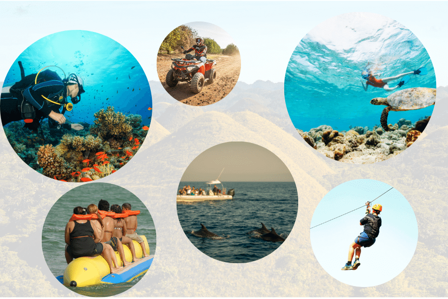 island activities like banana boat, ATV riding, zip line, snorkeling, scuba diving, and dolphin watching. with the chocolate hills on the background