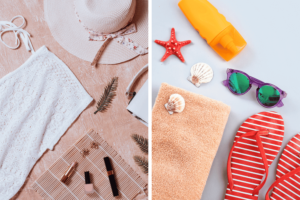 light clothing, hat, slippers, lotion, sunglasses, small cosmetics