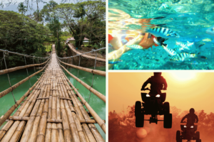 hanging bridge on the left, fishes swimming in a turquoise green water on the upper right, atv riding in the sunset on the lower right