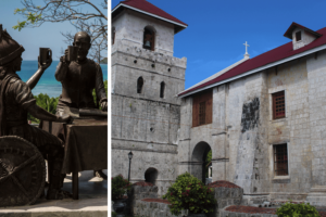 statues of two people drinking wine on the left, stone church on the right