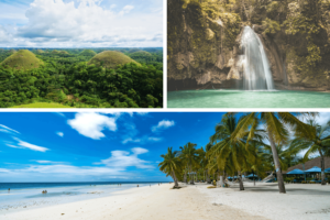 beach at the bottom, chocolate hills on the upper left, waterfalls on the upper right which makes bohol worth visiting