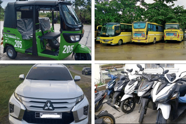 green tricycle on the upper left, yellow buses on the upper right, chrome mitsubishi suv on the lower left, motorcycles on the lower right