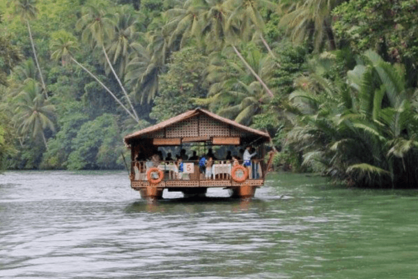 a boat shaped like a house floating on a river