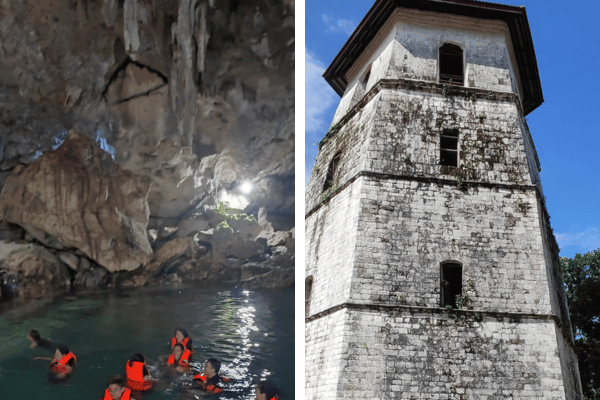 people swimming in a pool of water inside a cave on the left, a 3 story watchtower on the right