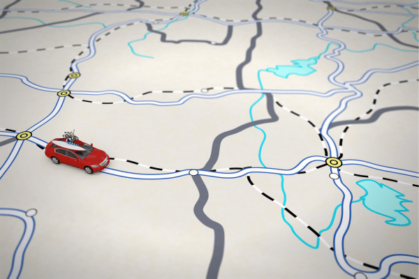 a local tourist map with a drawing of a car and dotted lines coming from the car to some ares on the map