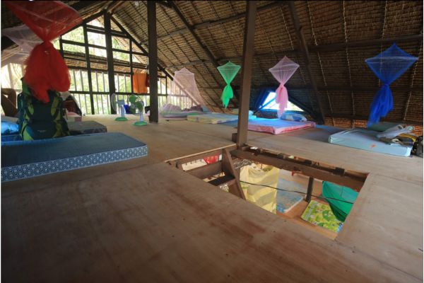 a room with foam mattresses on the floor, the floor is made of plywood with a small hatch with stairs.