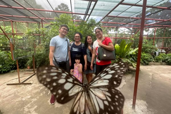 a butter fly with a black and white color used as a foreground with a family picture which includes the father the wife and 2 older in-laws and the daughter in the middle