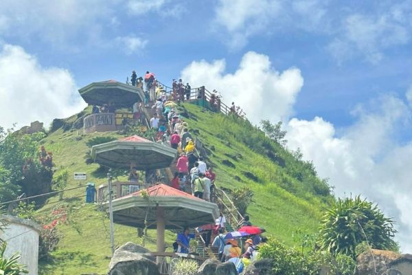 a line of people going up the stairs to the viewing deck of the chocolate hills complex