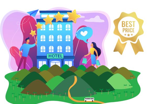 bohol chocolate hills on the foreground, a boutique hotel in the background with 5 star rating, a man and a womanon each side of the hotel, a seal on the right side saying best price