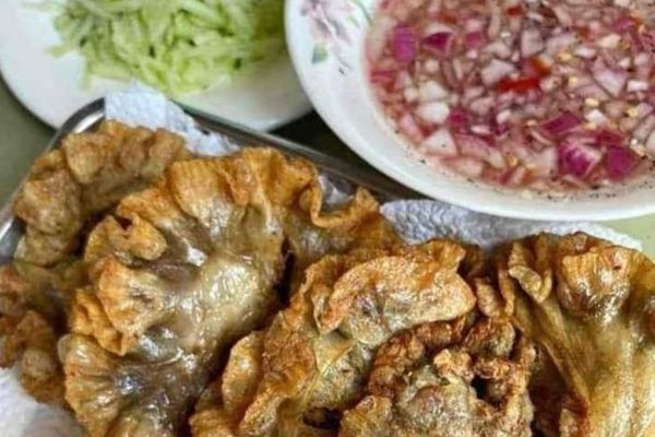 deep fried pig organ shaped like a flower called chicharon bulaklak, and vinegar with onion for dipping