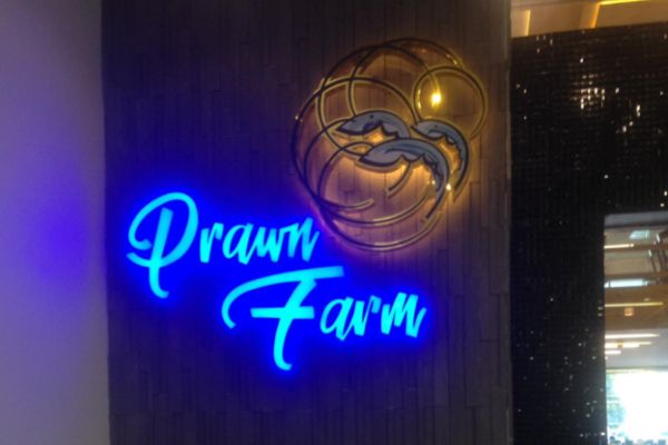 logo of 3 prawns and the name Prawn Farm in neon blue light