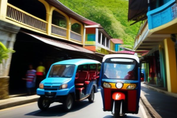 a tricycle and a small jeepney moving in a street surrounded by houses with a mountain in the background