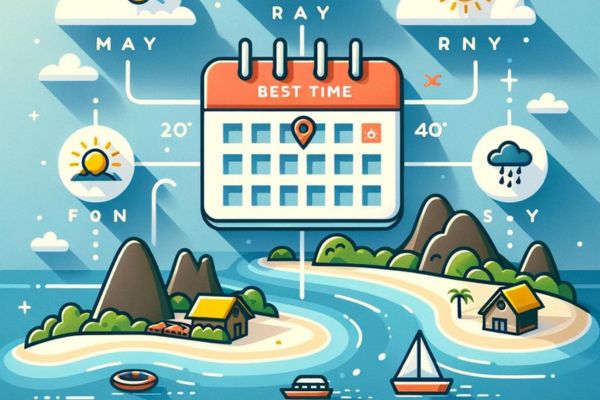 a calendar with sun and rain icon, weather condition and a pin, with the chocolate hills, some islands and boatson the foreground