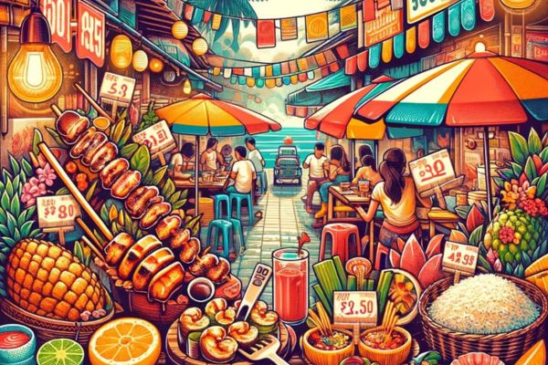 street food scene with different vegetables, fruits, seafoods and a number of people eating in the streets making it look like a festival