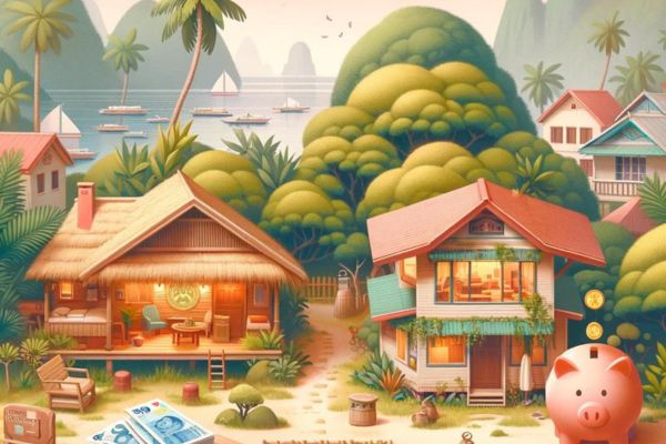 2 hotels on a beach with the chocolate hills and some boats on the background and a piggy bank on the lower right with a couple of coins falling in it