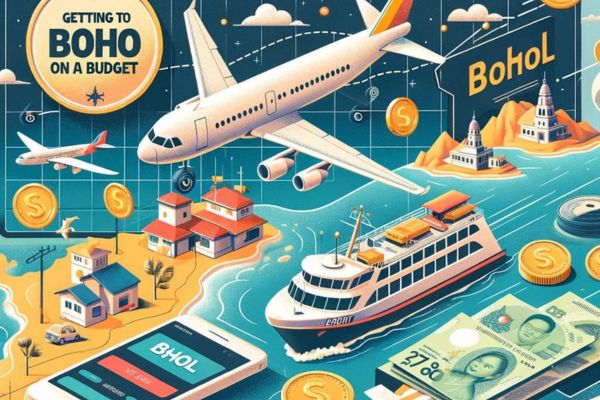 an airplane, ferry, a cellphone with the word bohol, a paper bill and some hotels and a label that says getting to bohol on a budget