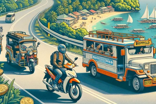 a long road with the view of the beach, a motorcycle, a tricycle and a jeepney on the road
