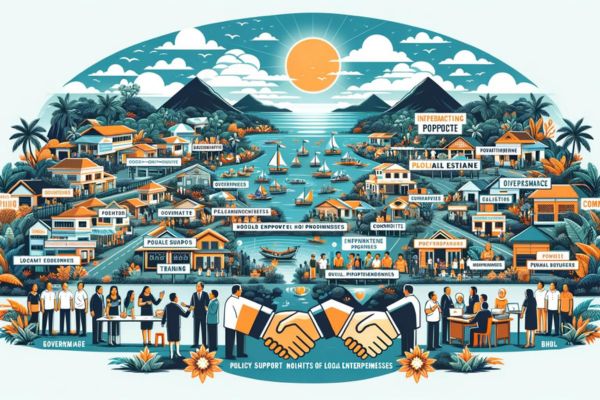 a number of business establishments with the bright yellow sun on the background and authorities shaking hands making policies on the foreground