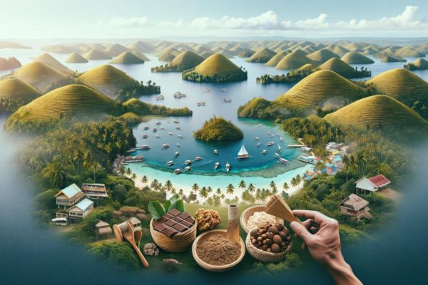 a hand making chocolate products from cacao beans on the foreground and the chocolate hills, a beach and some boats on the background