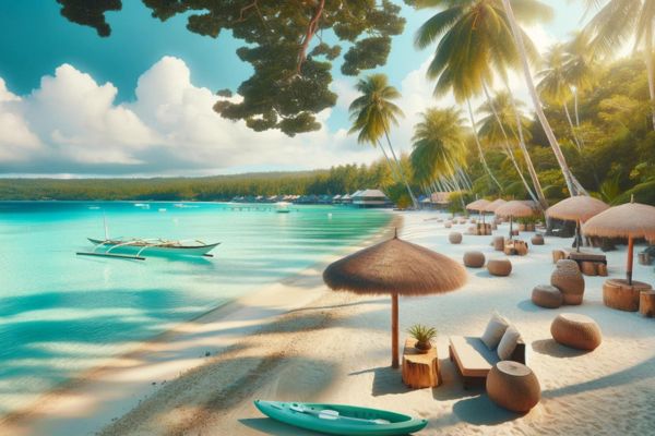 clean white sand beach with lounges in front of the ocean with a white boat