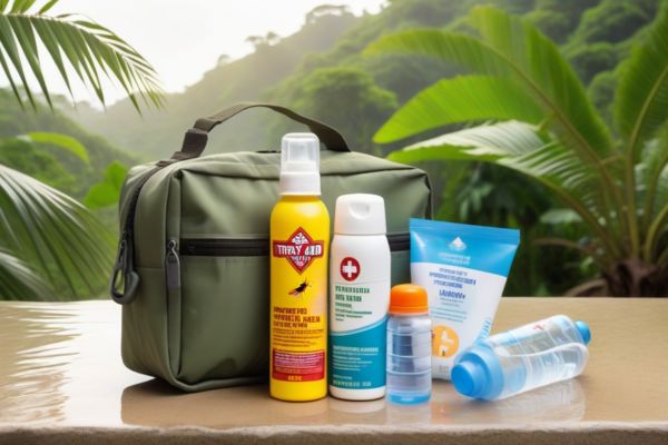 first aid kit, bug spray, sunblock and some water bottles