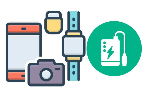 cellphones, smart watch, usb, digital camera and a power bank with the charging symbol