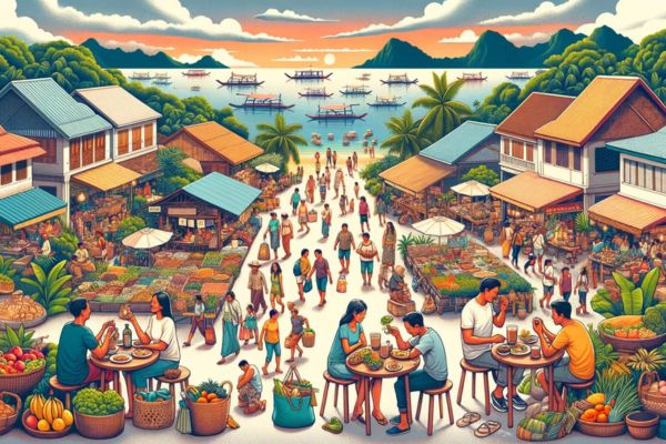 tourists in the market eating at local eateries