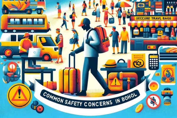 people waling around with luggage and backpack surrounded by warning signs and safety symbols, different stores and vehicles