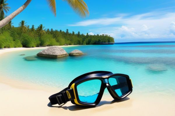 a snorkeling mask on the beach with the ocean and the blue sky in the background