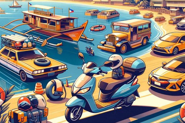 images of different transportation vehicles like a motorcycle, boats, jeepneys and taxis