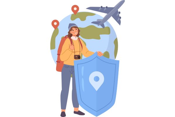 a female with backpack and a camera with the globe behind here, some location pins and a flying airplane