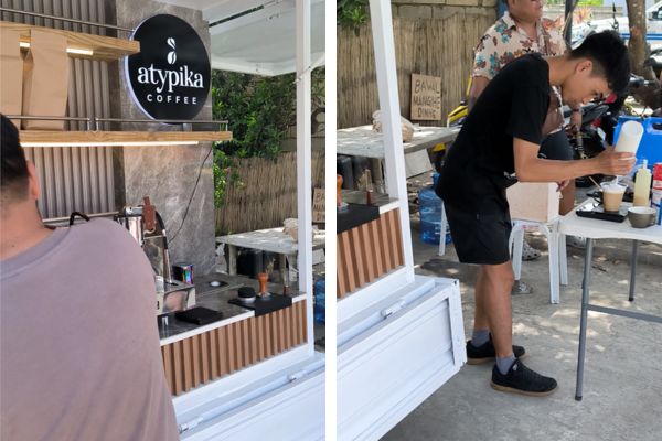 atypika coffee shop on the left, barista preparing a coffee on the right