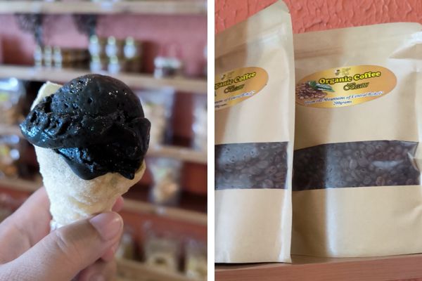 black ice cream in a cone on the left, bags of organic coffee beans on the right