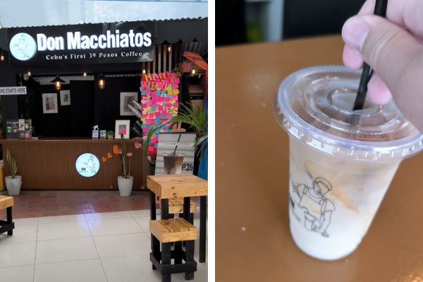 coffee shop called don macchiato on the left and an iced cafe latte on the right on a table