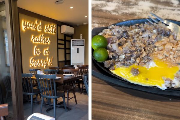 gerry's grill restaurant on the left, chopped and fried fatty pork. with runny eggs on the right