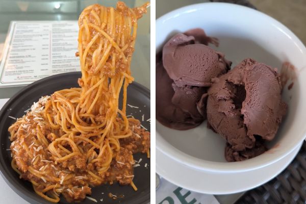 spaghetti bolognese on the left side, chocolate ice cream on the right side