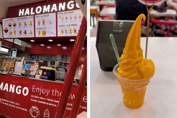 halo mango restaurant on the left, a cup of mango flavored soft served ice cream in golden yellow color on the right.