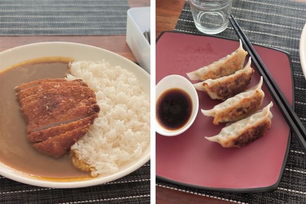 deep fried pork cutlet in curry sauce with white rice on the left, gyouza japanese pork dumpling with soy sauce and chopsticks on the right