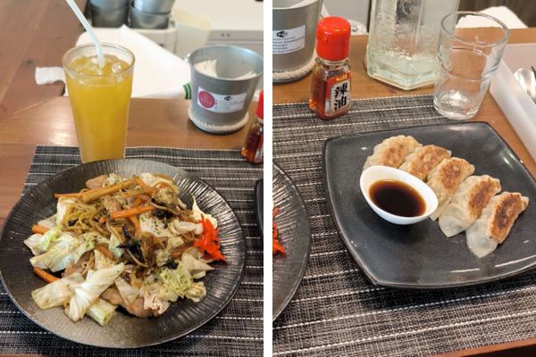 yakisoba and orange juice on the left, gyoza japanese pork dumpling on the right