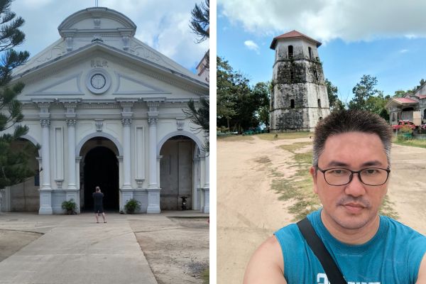 panglao church on the left with a tourist taking a picture and the watchtower with a man with glasses in a blue shirt on the right