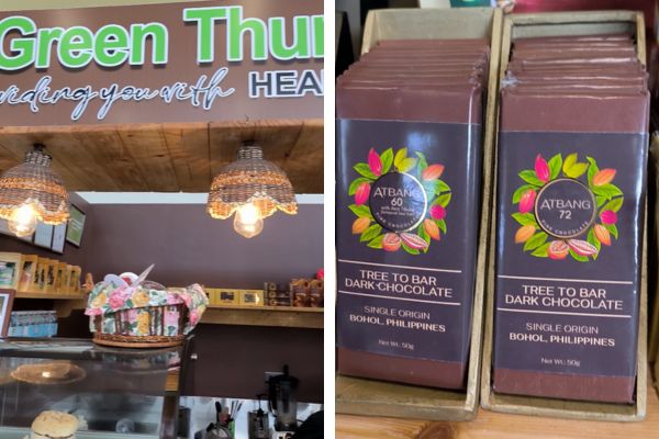 green thumb store front on the left, artisan chocolate bar on the right