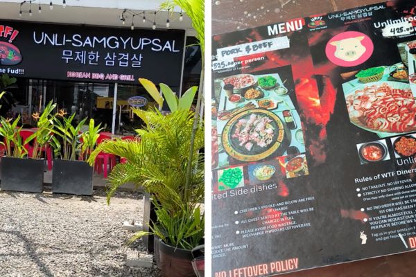 wat the fud korean barbecue restaurant on the left, and their menu on the right