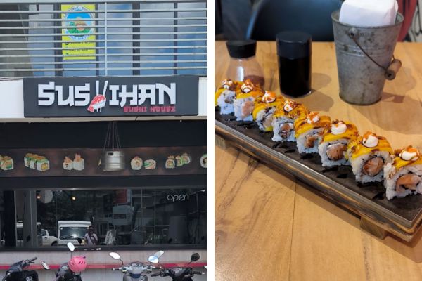 Sushihan sushi house on the left, rolled maki with soy sauce, japanese mayo and some mangoes on the right