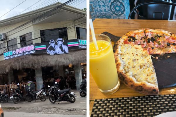 restaurant on the left side named toto e peppino, 2 flavor pizza and a mango shake with straw on the right side