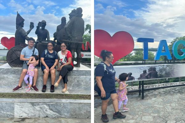 family picture at the blood compact shrine on the left, and a family picture at the sign that says "I 'heart' Tagbilaran"