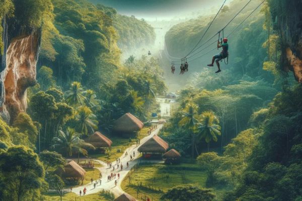 people ziplining down surrounded by mountains and trees