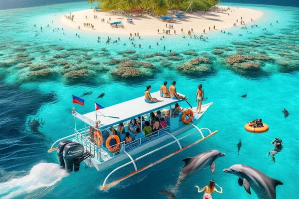 dolphins,   people swimming,  and a boat in a blue ocean heading towards a beach