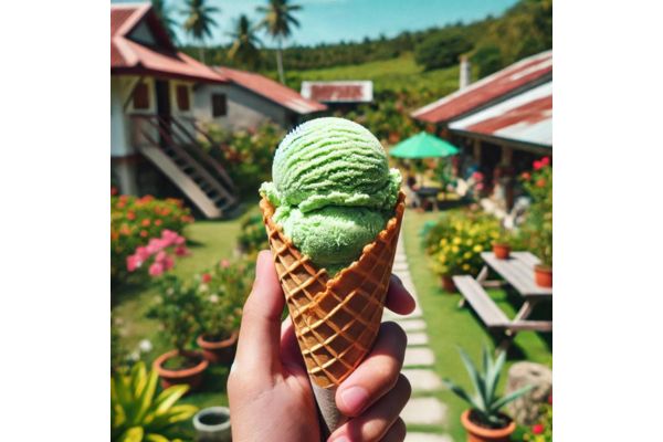 a hand holding na a scoop of green malunggay ice cream in cone