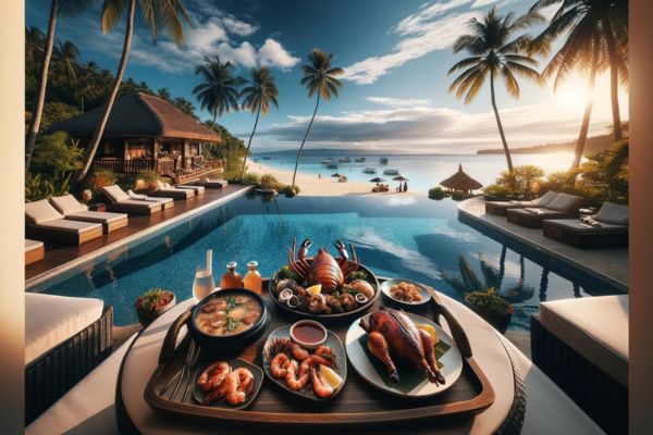 a plate of food with fruits, vegetables, soup, and some seafood with the view of the infinity pool, the beach and the ocean